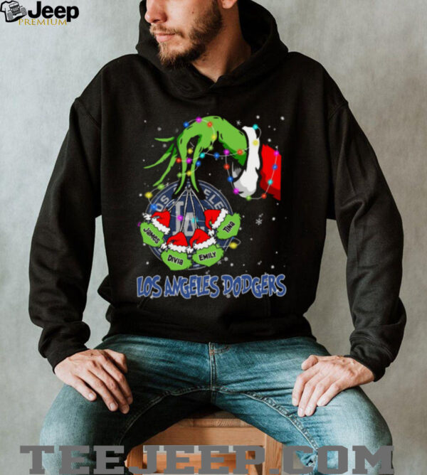 Los Angeles Dodgers Grinch Christmas Lights T Shirt – Personalized MLB Fan Tee with Custom Baseball Gift