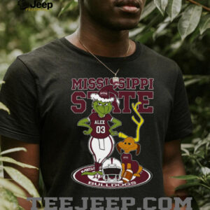 Mississippi State Bulldogs Custom Name Grinch and Dog Shirt – NCAA Football Christmas Tee – Personalized Holiday Gift for Fans