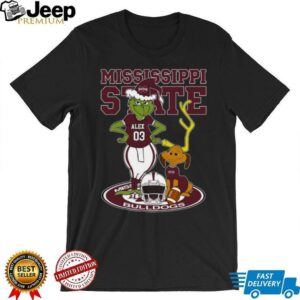 Mississippi State Bulldogs Custom Name Grinch and Dog Shirt – NCAA Football Christmas Tee – Personalized Holiday Gift for Fans