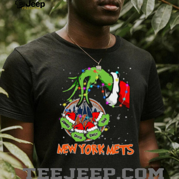 New York Mets Grinch Xmas Lights T Shirt – Custom Name MLB Fan Holiday Gift Tee for Baseball Lovers