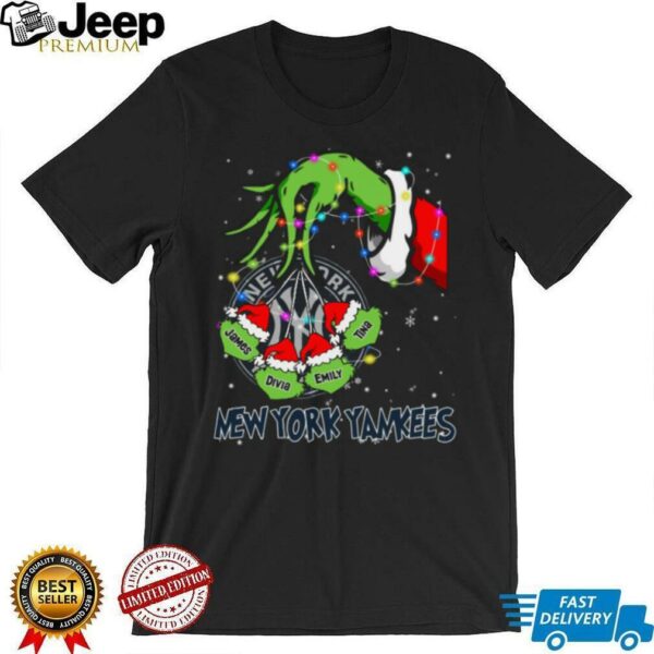 New York Yankees Grinch Xmas Lights Tee – Personalized MLB Fan Shirt – Holiday Custom Name Baseball Gift