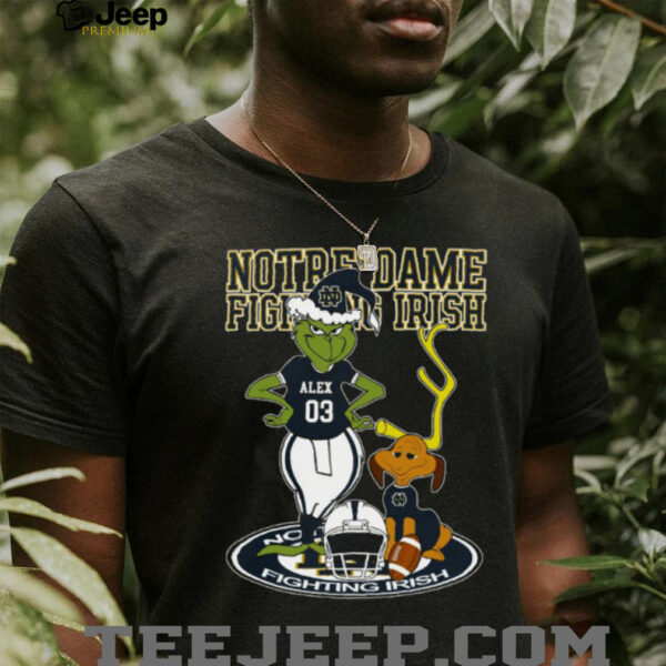 Notre Dame Fighting Irish Grinch with Dog Shirt – Custom Name NCAA Football Tee – Holiday Outfit & Personalized Gift for Fans
