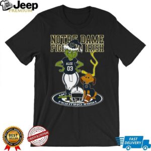 Notre Dame Fighting Irish Grinch with Dog Shirt – Custom Name NCAA Football Tee – Holiday Outfit & Personalized Gift for Fans