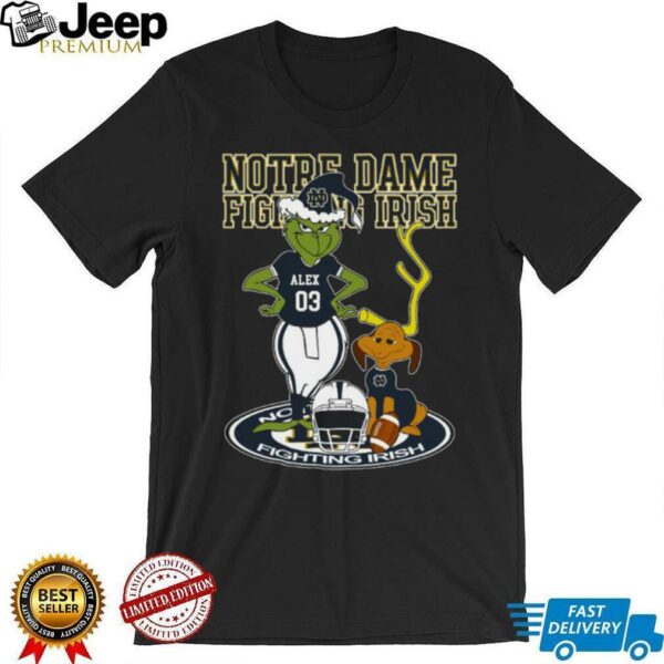 Notre Dame Fighting Irish Grinch with Dog Shirt – Custom Name NCAA Football Tee – Holiday Outfit & Personalized Gift for Fans