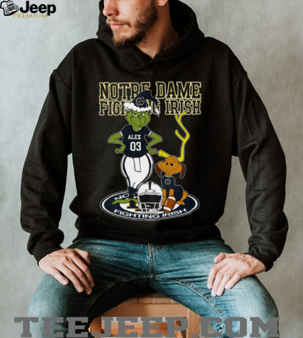 Notre Dame Fighting Irish Grinch with Dog Shirt – Custom Name NCAA Football Tee – Holiday Outfit & Personalized Gift for Fans