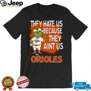 Personalized Baltimore Orioles Grinch Christmas Tee, Santa Baseball Shirt with Quote They Hate Us Ain’t Us, Funny MLB Gift