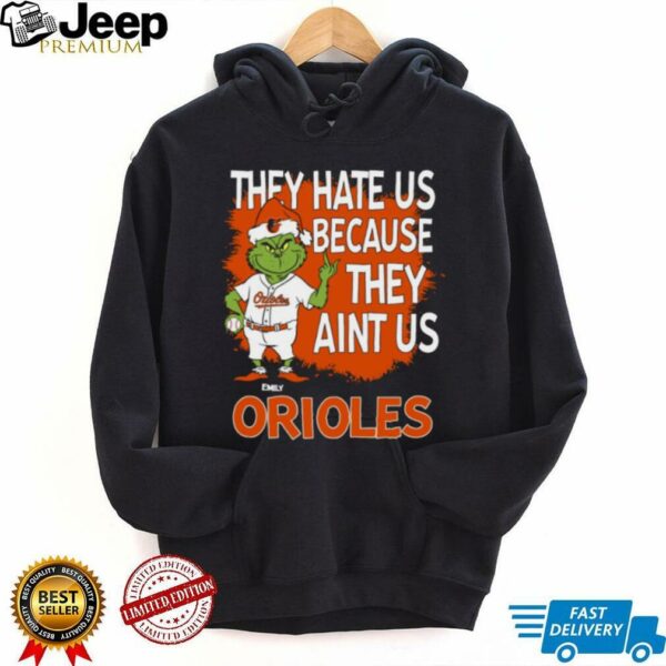 Personalized Baltimore Orioles Grinch Christmas Tee, Santa Baseball Shirt with Quote They Hate Us Ain’t Us, Funny MLB Gift