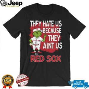 Personalized Boston Red Sox Grinch Christmas Tee, Funny Santa Baseball Shirt with Quote They Hate Us Ain’t Us, MLB Gift