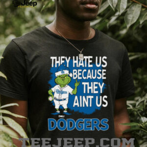 Personalized Los Angeles Dodgers Christmas Tee, Grinch Santa Baseball Shirt with Quote They Hate Us Ain’t Us, Funny MLB Gift