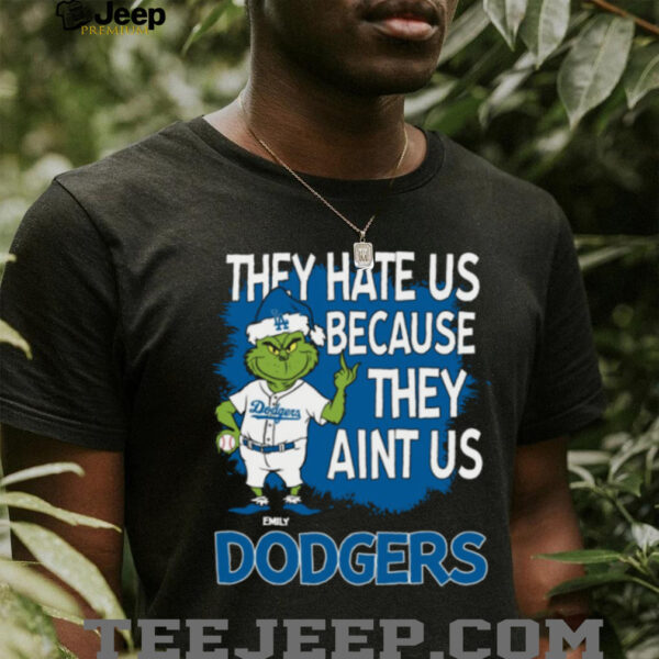 Personalized Los Angeles Dodgers Christmas Tee, Grinch Santa Baseball Shirt with Quote They Hate Us Ain’t Us, Funny MLB Gift