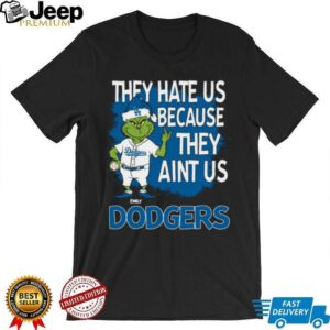 Personalized Los Angeles Dodgers Christmas Tee, Grinch Santa Baseball Shirt with Quote They Hate Us Ain’t Us, Funny MLB Gift