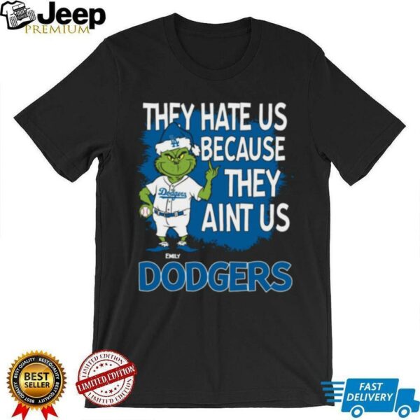 Personalized Los Angeles Dodgers Christmas Tee, Grinch Santa Baseball Shirt with Quote They Hate Us Ain’t Us, Funny MLB Gift