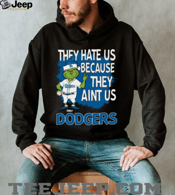 Personalized Los Angeles Dodgers Christmas Tee, Grinch Santa Baseball Shirt with Quote They Hate Us Ain’t Us, Funny MLB Gift