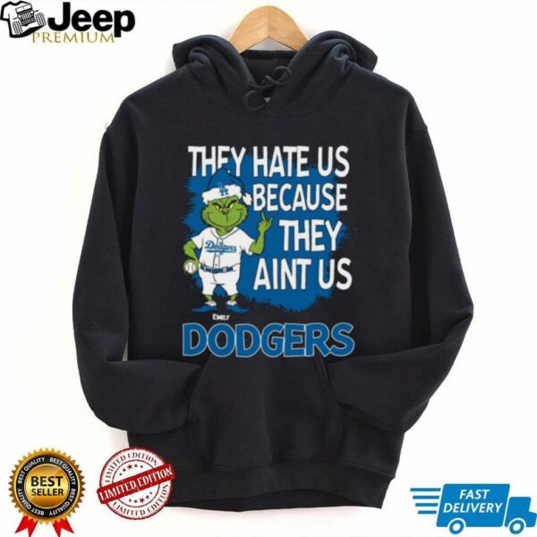 Personalized Los Angeles Dodgers Christmas Tee, Grinch Santa Baseball Shirt with Quote They Hate Us Ain’t Us, Funny MLB Gift