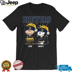 Personalized Milwaukee Brewers Christmas Shirt, Snoopy Charlie Brown Holiday Baseball Tee with Santa Hat, Funny MLB Gift Idea