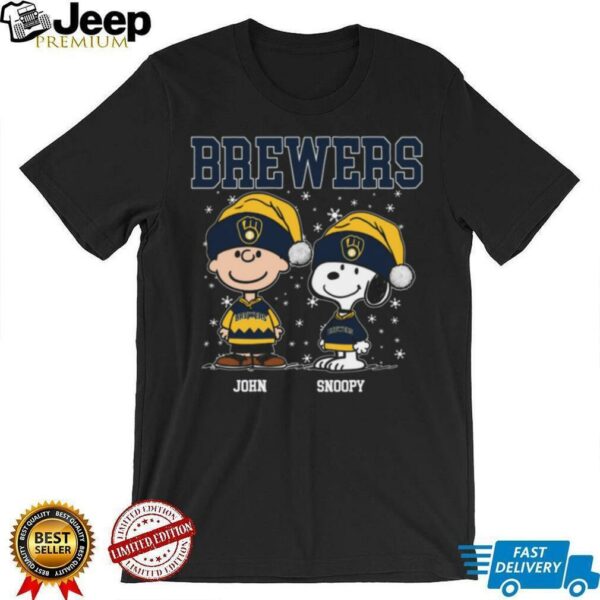Personalized Milwaukee Brewers Christmas Shirt, Snoopy Charlie Brown Holiday Baseball Tee with Santa Hat, Funny MLB Gift Idea