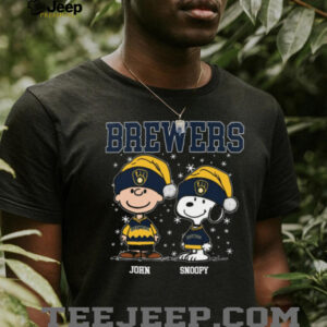 Personalized Milwaukee Brewers Christmas Shirt, Snoopy Charlie Brown Holiday Baseball Tee with Santa Hat, Funny MLB Gift Idea