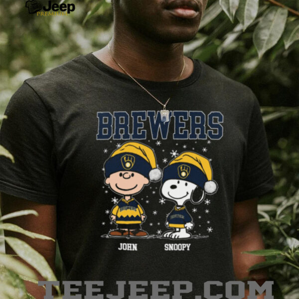 Personalized Milwaukee Brewers Christmas Shirt, Snoopy Charlie Brown Holiday Baseball Tee with Santa Hat, Funny MLB Gift Idea