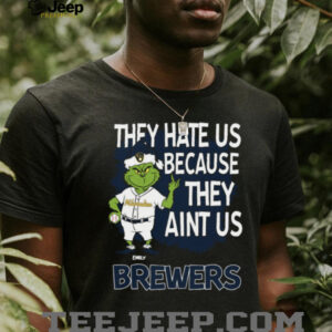 Personalized Milwaukee Brewers Funny Grinch Tee, Christmas Santa Baseball Shirt with Quote They Hate Us Ain’t Us, MLB Gift