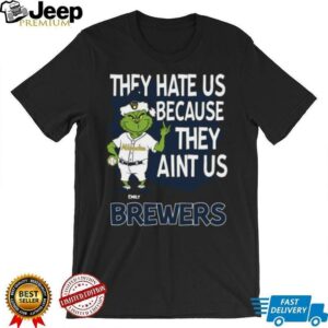 Personalized Milwaukee Brewers Funny Grinch Tee, Christmas Santa Baseball Shirt with Quote They Hate Us Ain’t Us, MLB Gift