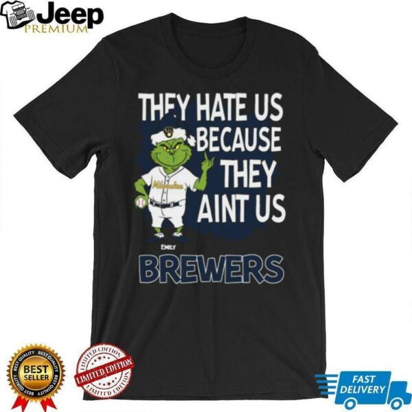 Personalized Milwaukee Brewers Funny Grinch Tee, Christmas Santa Baseball Shirt with Quote They Hate Us Ain’t Us, MLB Gift