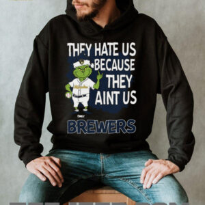 Personalized Milwaukee Brewers Funny Grinch Tee, Christmas Santa Baseball Shirt with Quote They Hate Us Ain’t Us, MLB Gift