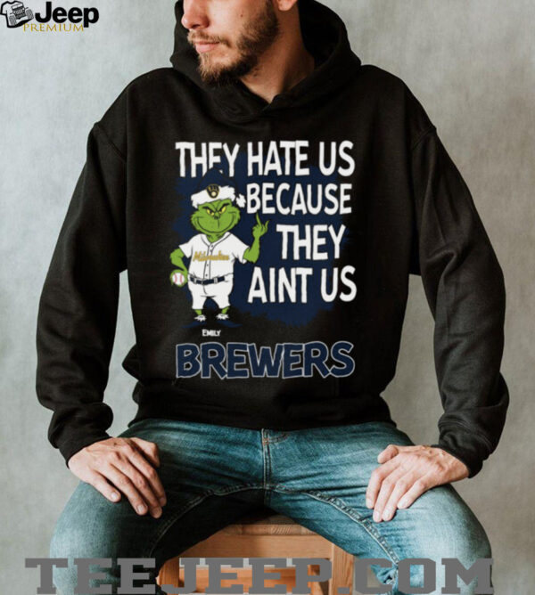 Personalized Milwaukee Brewers Funny Grinch Tee, Christmas Santa Baseball Shirt with Quote They Hate Us Ain’t Us, MLB Gift