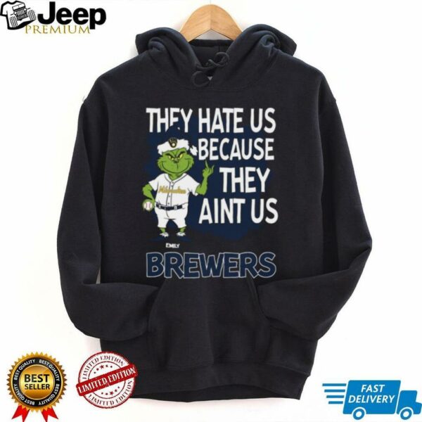 Personalized Milwaukee Brewers Funny Grinch Tee, Christmas Santa Baseball Shirt with Quote They Hate Us Ain’t Us, MLB Gift