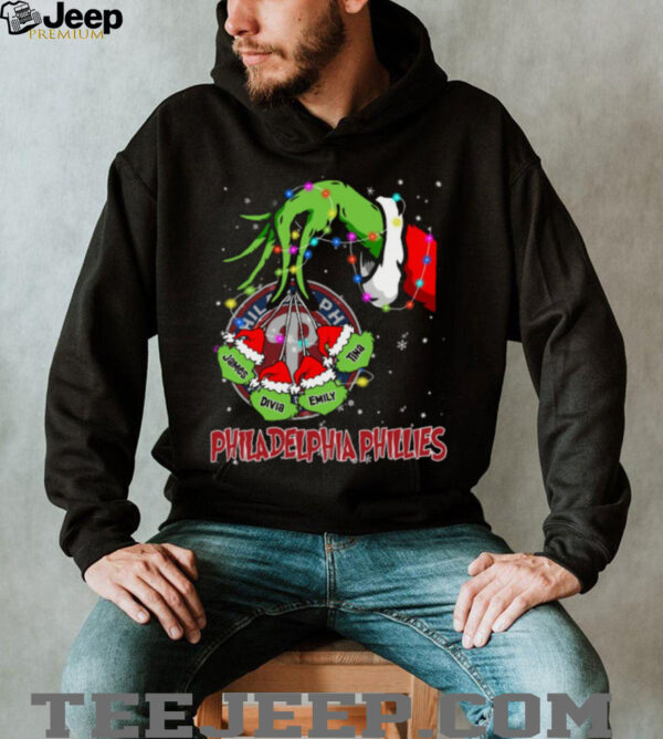 Philadelphia Phillies Grinch Christmas Lights Shirt – Personalized MLB Baseball Fan Tee with Custom Name