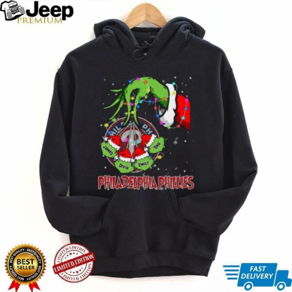 Philadelphia Phillies Grinch Christmas Lights Shirt – Personalized MLB Baseball Fan Tee with Custom Name