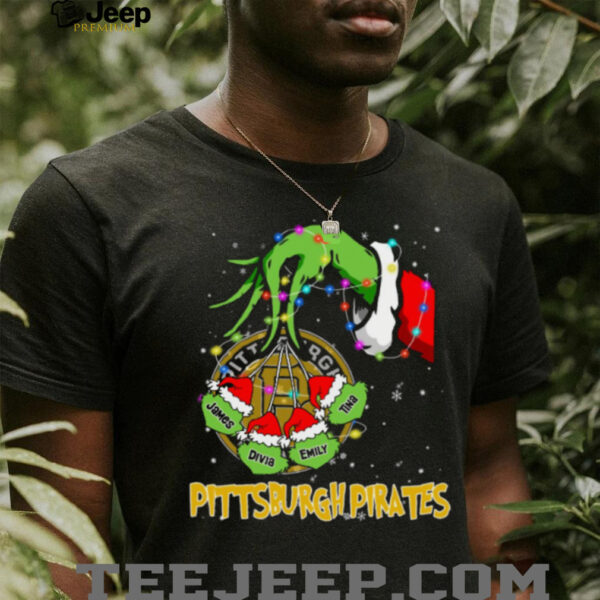 Pittsburgh Pirates Personalized Grinch Xmas Lights Shirt – Custom Name MLB Fan Holiday Baseball Tee
