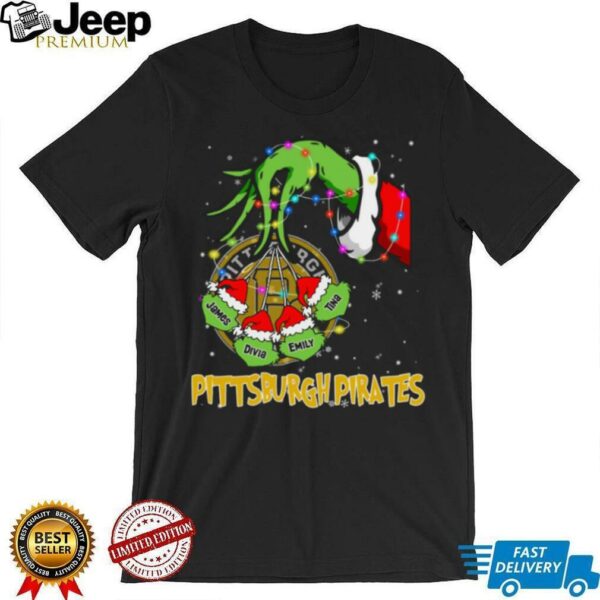Pittsburgh Pirates Personalized Grinch Xmas Lights Shirt – Custom Name MLB Fan Holiday Baseball Tee