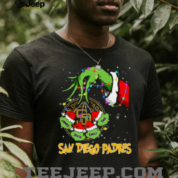 San Diego Padres Custom Name Grinch Holiday Lights Shirt – Personalized MLB Baseball Fan Christmas Tee