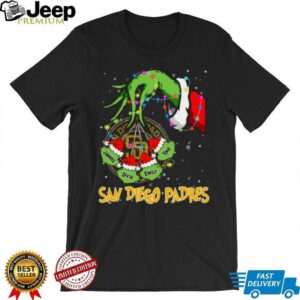 San Diego Padres Custom Name Grinch Holiday Lights Shirt – Personalized MLB Baseball Fan Christmas Tee