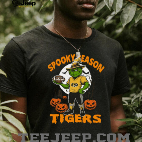 Spooky Season Missouri Tigers Tee – Grinch NCAA Football Shirt – Personalized Halloween Fan Gear with Custom Name