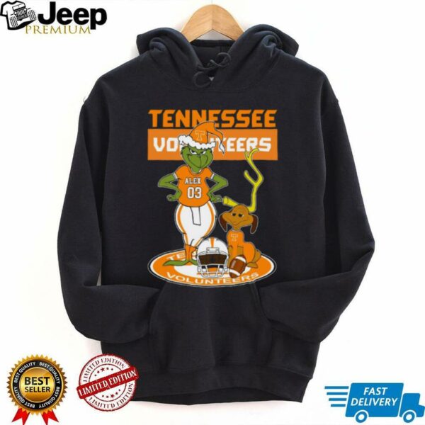Tennessee Volunteers Custom Grinch and Dog Christmas Tee – Personalized NCAA Football Shirt – Holiday Outfit & Fan Gift Idea