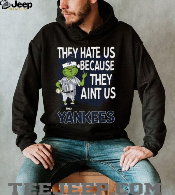 Custom New York Yankees Christmas Shirt, Grinch Santa Baseball Tee with Quote They Hate Us Ain’t Us, Fun MLB Fan Gift