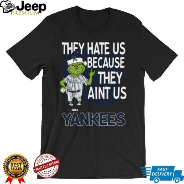 Custom New York Yankees Christmas Shirt, Grinch Santa Baseball Tee with Quote They Hate Us Ain’t Us, Fun MLB Fan Gift