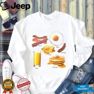 Bacon eggs toast sausage pancakes juice food shirt