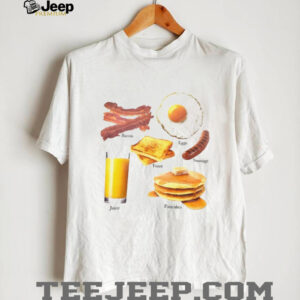 Bacon eggs toast sausage pancakes juice food shirt