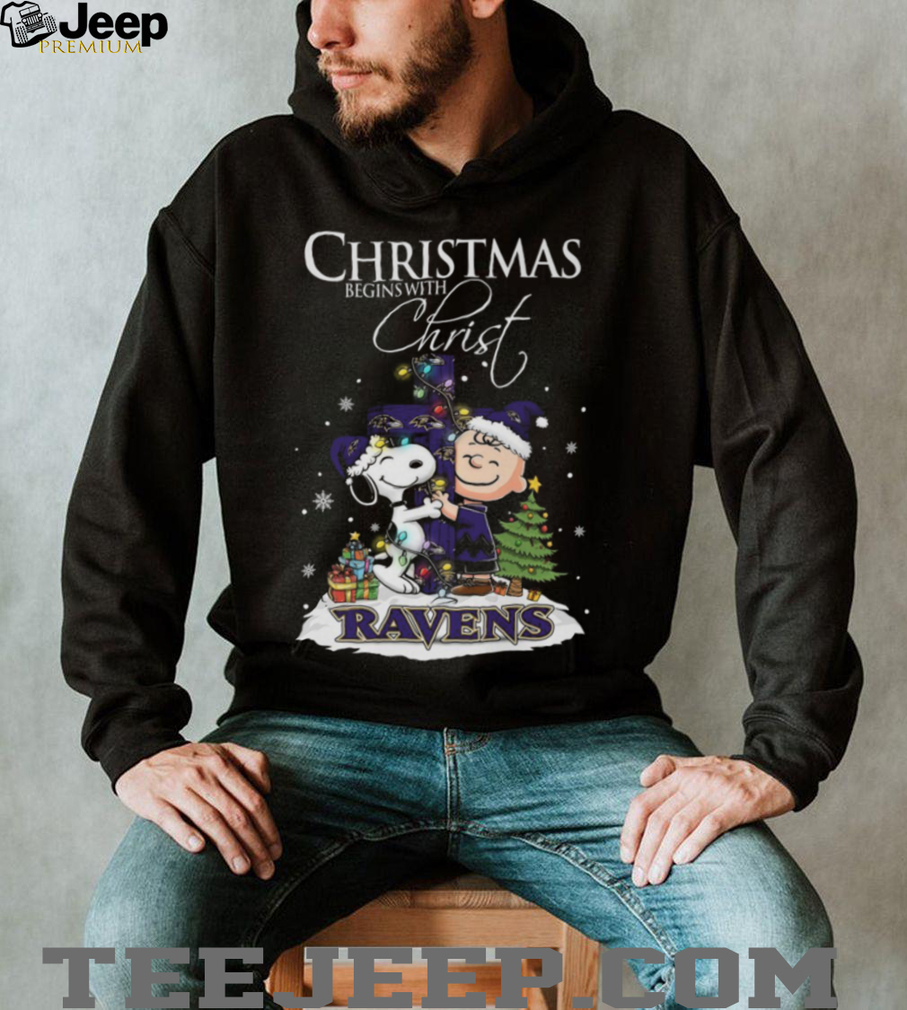 Baltimore Ravens Snoopy Begins With Christ And Friends Peanuts Christmas Shirt Baltimore Ravens Snoopy Begins With Christ And Friends Peanuts Christmas Shirt