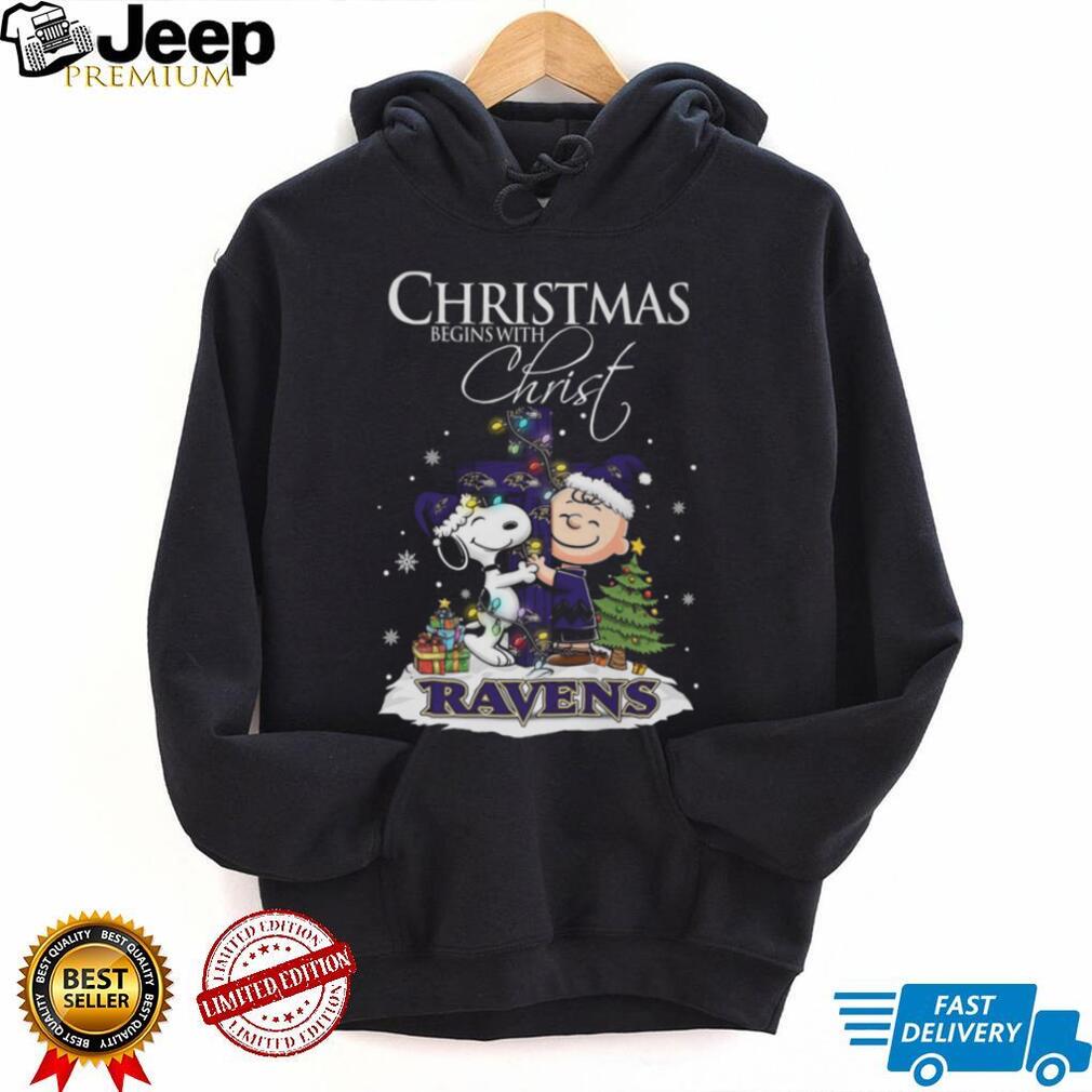 Baltimore Ravens Snoopy Begins With Christ And Friends Peanuts Christmas Shirt Baltimore Ravens Snoopy Begins With Christ And Friends Peanuts Christmas Shirt