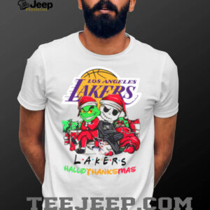 Grinch And Jack Los Angeles Lakers Friends HalloThanksMas T Shirt