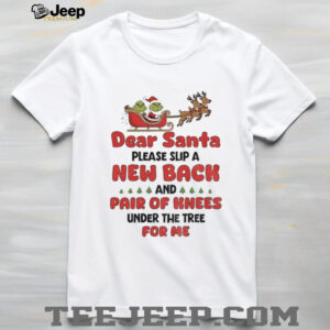 Grinch Santa Claus dear Santa please slip a new back and pair of knees under the tree for me Merry Christmas shirt