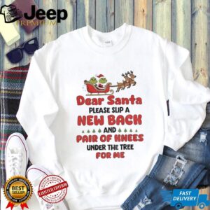 Grinch Santa Claus dear Santa please slip a new back and pair of knees under the tree for me Merry Christmas shirt