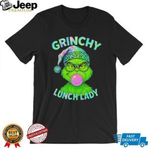 Grinch blowing gum bubble grinchy lunch lady Merry Christmas shirt