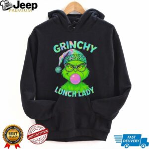 Grinch blowing gum bubble grinchy lunch lady Merry Christmas shirt