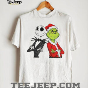 Jack Skellington and Grinch Santa hat Merry Christmas shirt