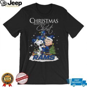 Los Angeles Rams Snoopy Begins With Christ And Friends Peanuts Christmas Shirt