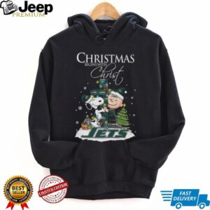 New York Jets Snoopy Begins With Christ And Friends Peanuts Christmas Shirt